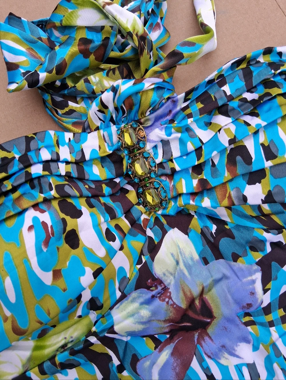 Cache Y2K Silk Halter Top XL Blue Floral Tropical Print Beaded Bust - Picture 4 of 4